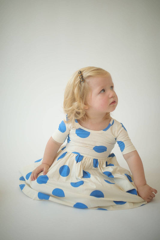Short Sleeve Twirl Dress - Blue Dots