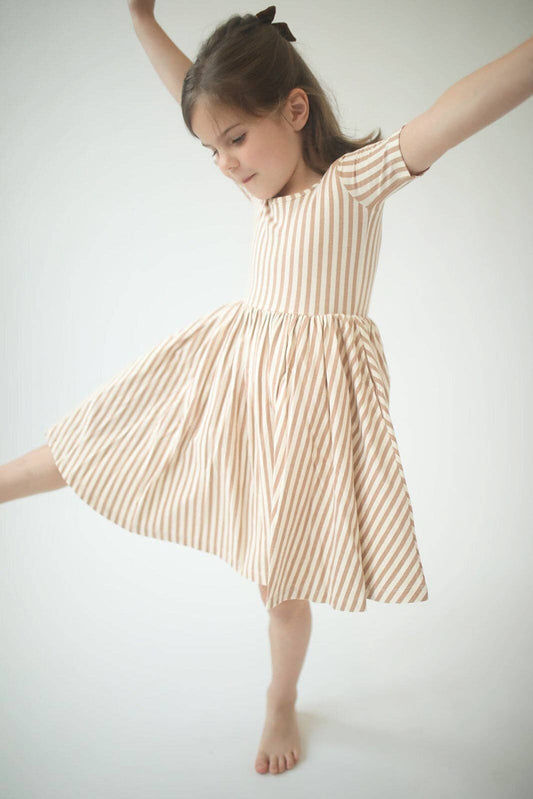 Short Sleeve Twirl Dress - Toffee Stripes