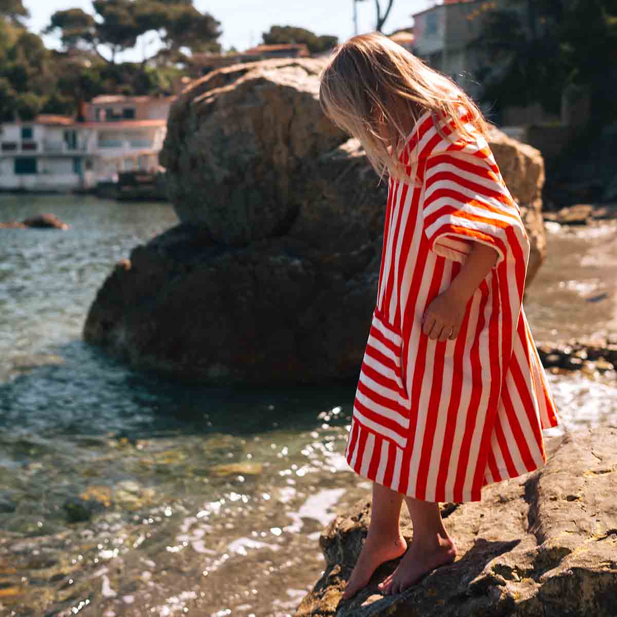 Striped Towel Poncho - Tomato