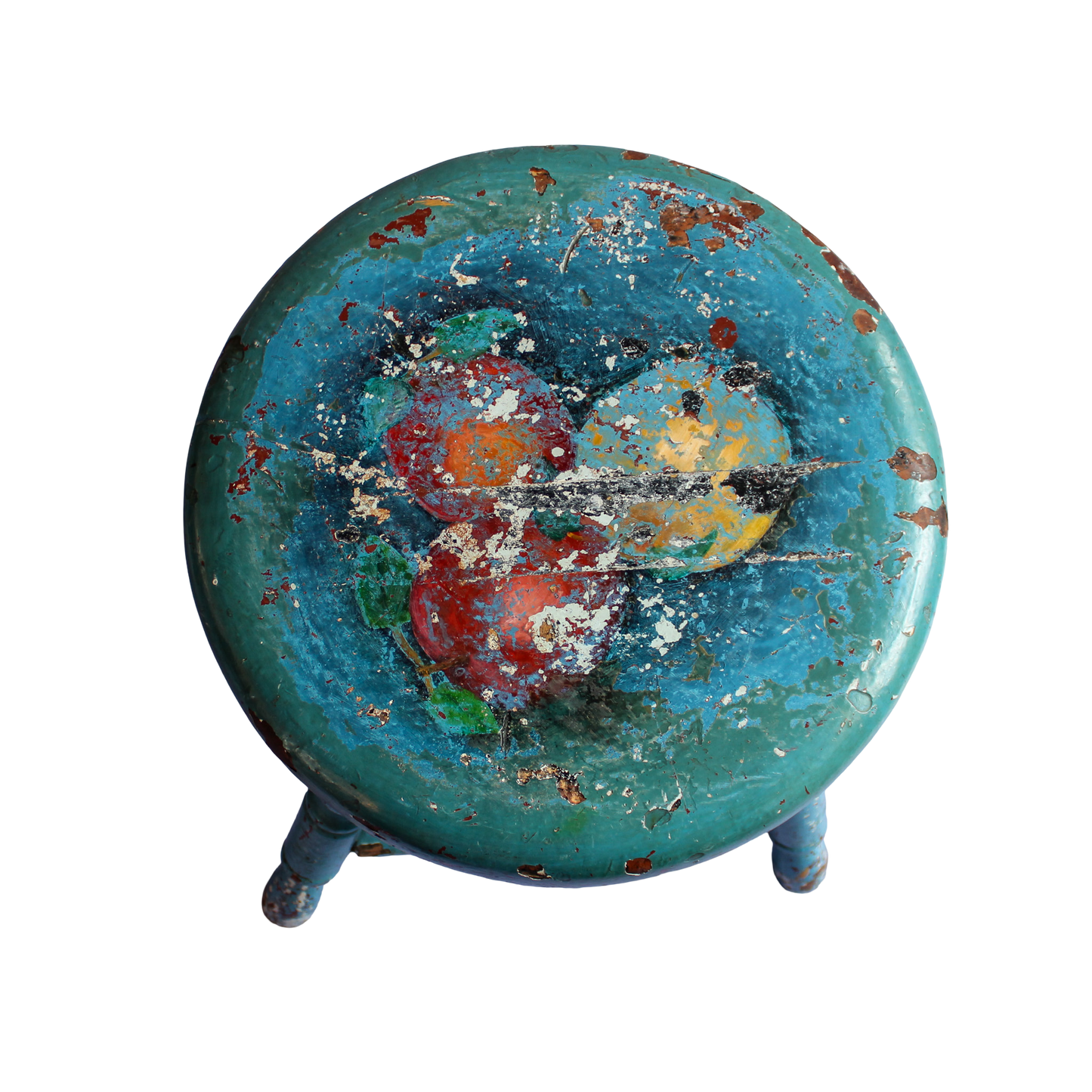Painted Blue Stool with Fruit & Leaves