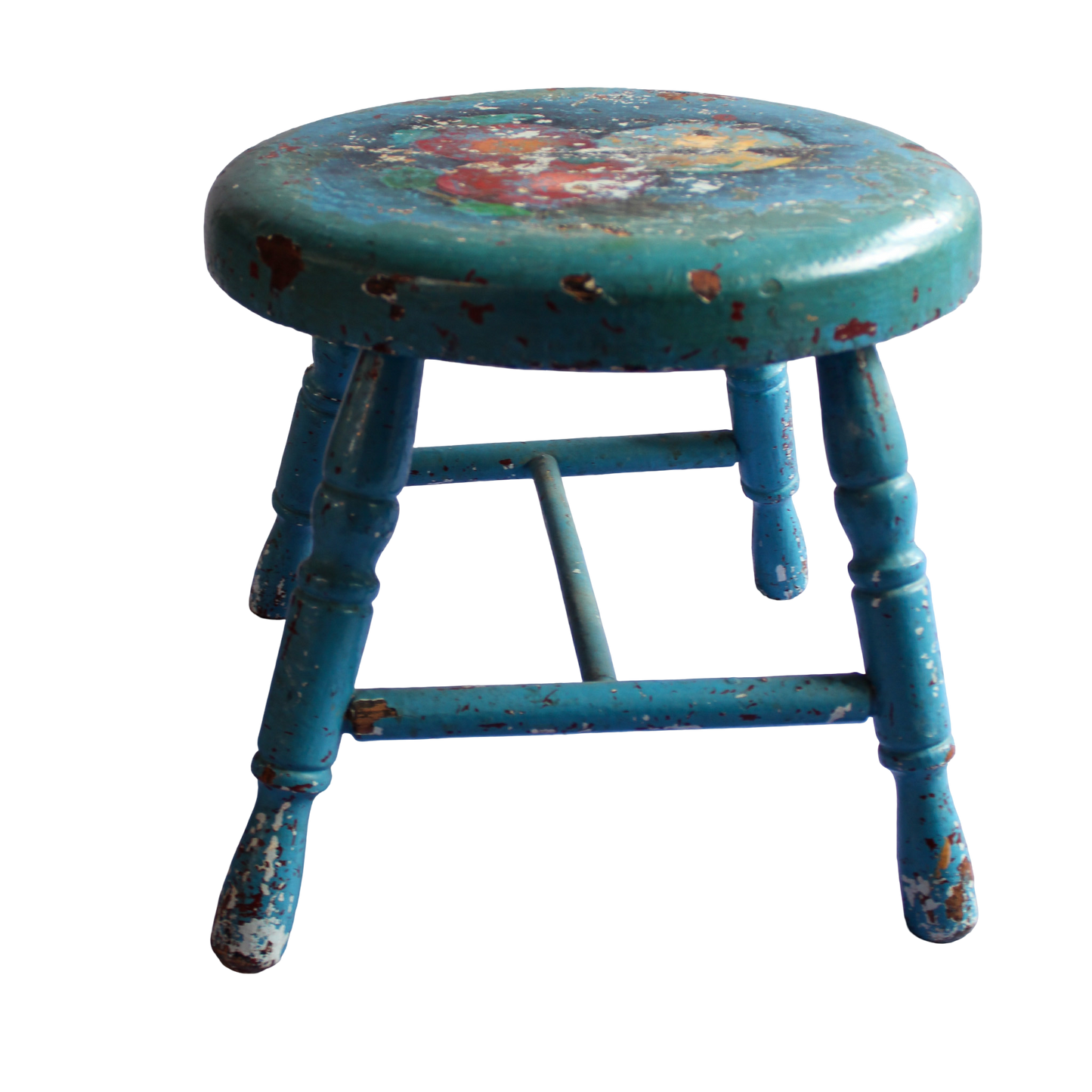 Painted Blue Stool with Fruit & Leaves