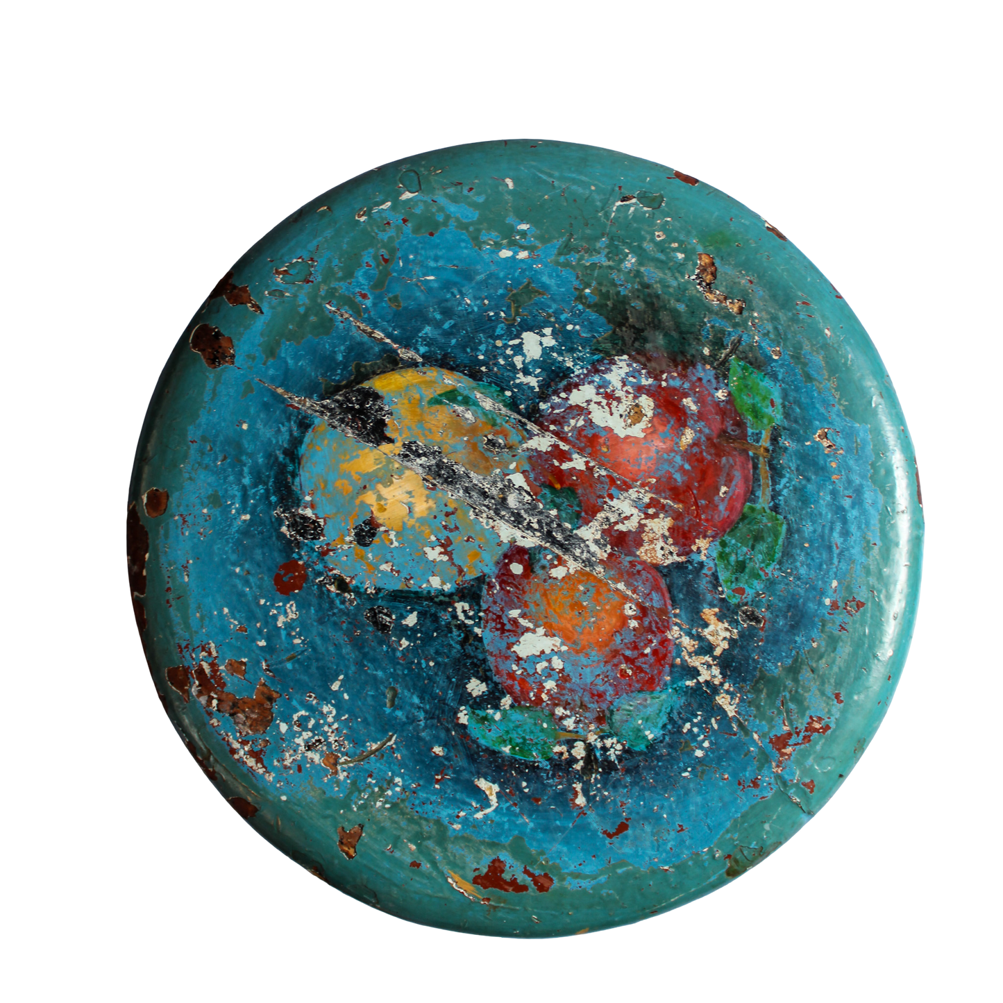 Painted Blue Stool with Fruit & Leaves