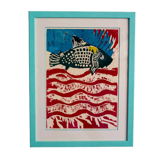 Framed "La Carpe" Woodcut Print by Bernard Lorjou, 1965