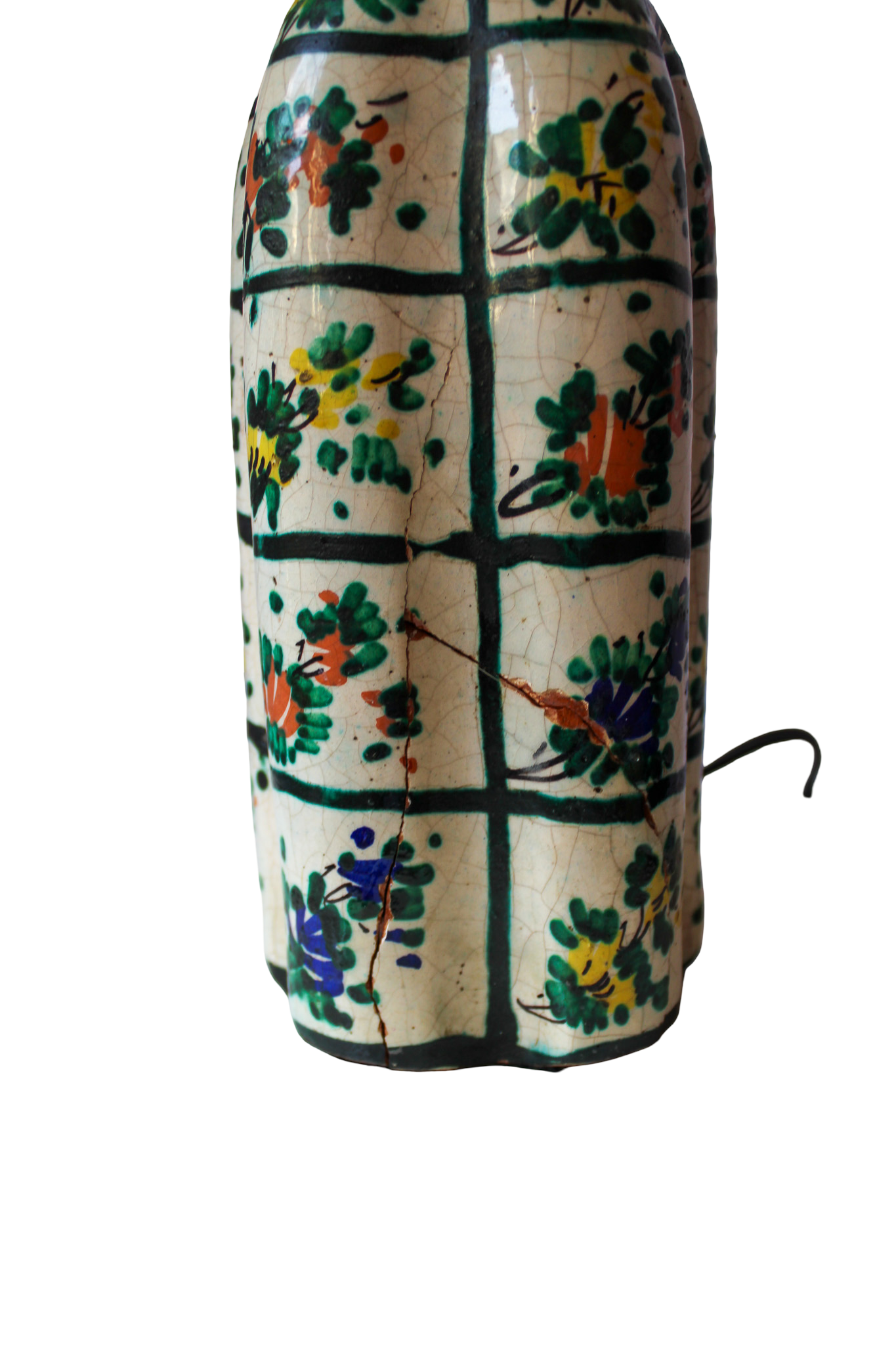 Vintage Ceramic Lamp with Floral Motifs and Striped Woven Lampshade