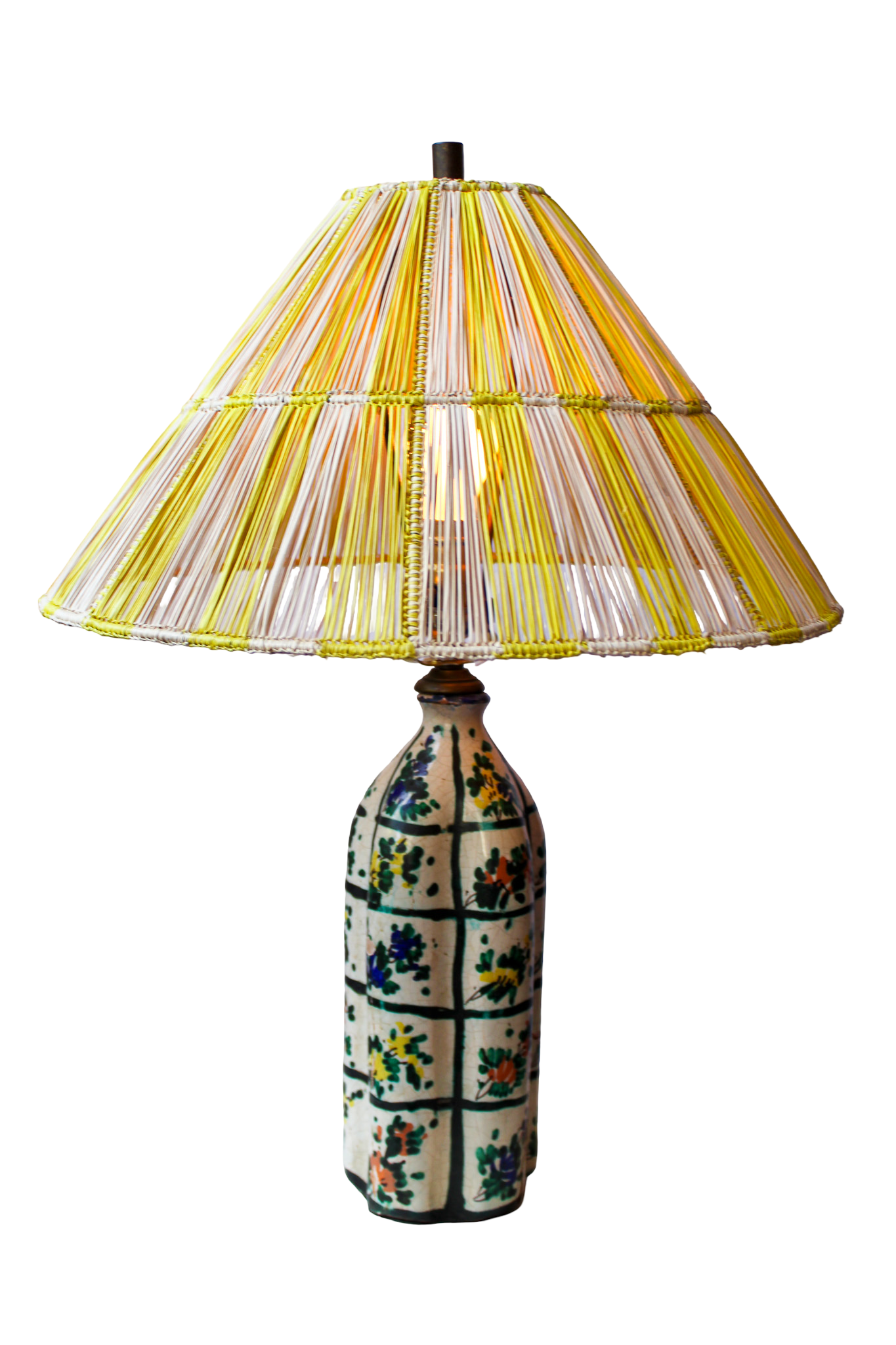 Vintage Ceramic Lamp with Floral Motifs and Striped Woven Lampshade