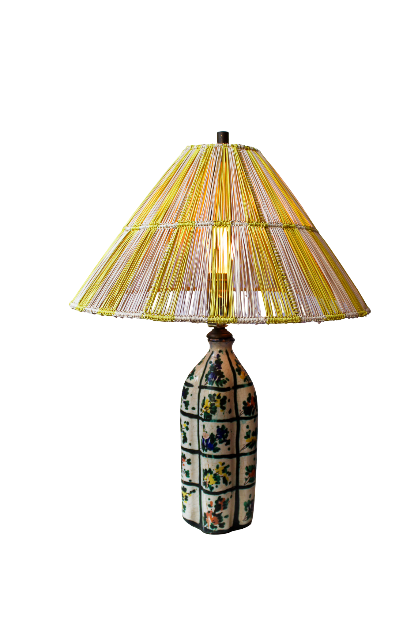 Vintage Ceramic Lamp with Floral Motifs and Striped Woven Lampshade