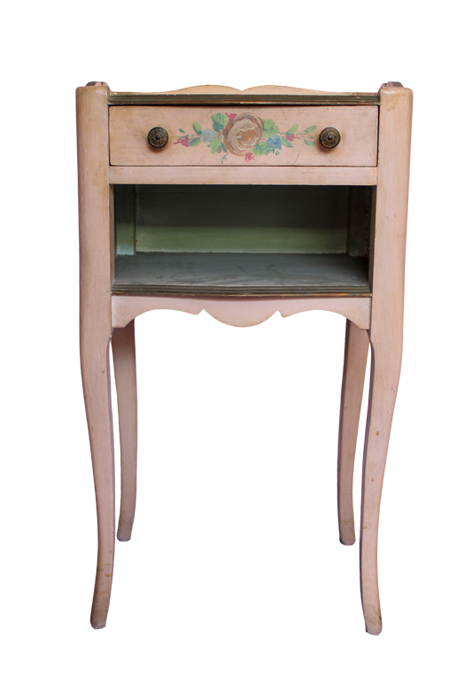 Antique Pink Floral Painted Bedside Tables - Set of 2