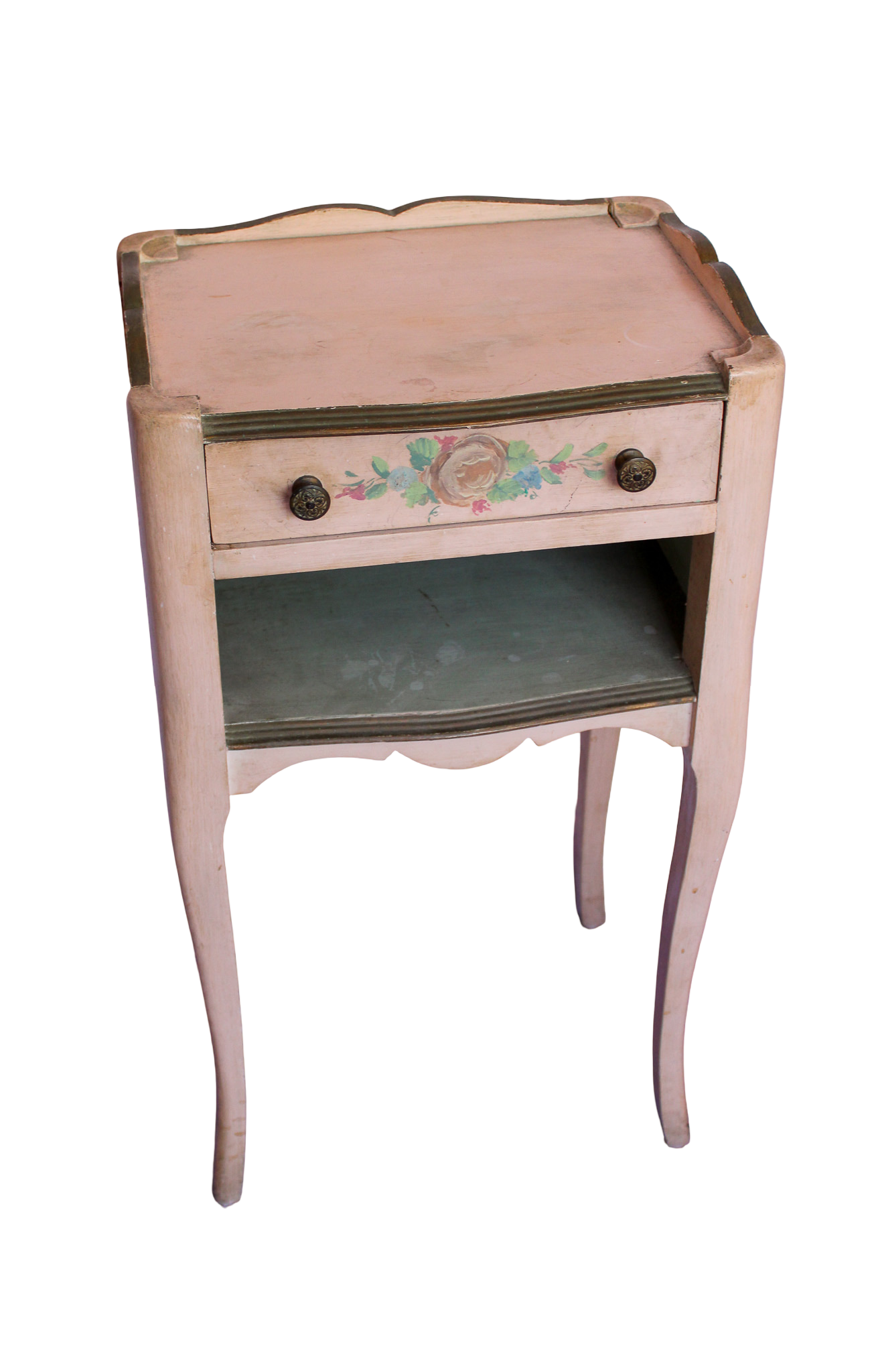 Antique Pink Floral Painted Bedside Tables - Set of 2