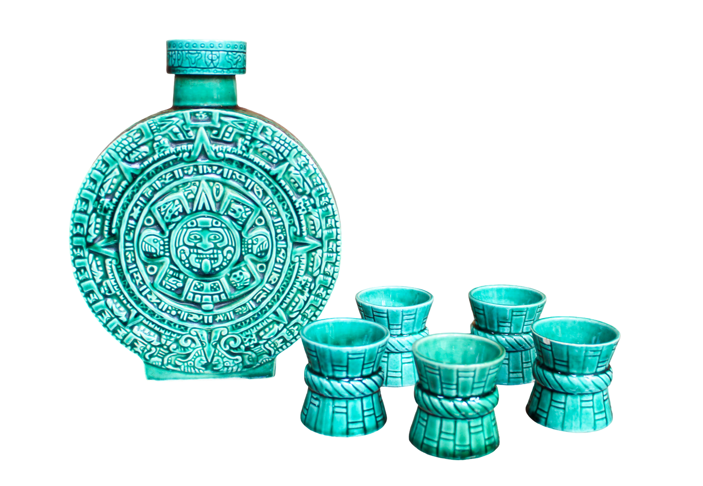 Mid-Century Aztec Calendar Bottle & 5 Shot Glasses