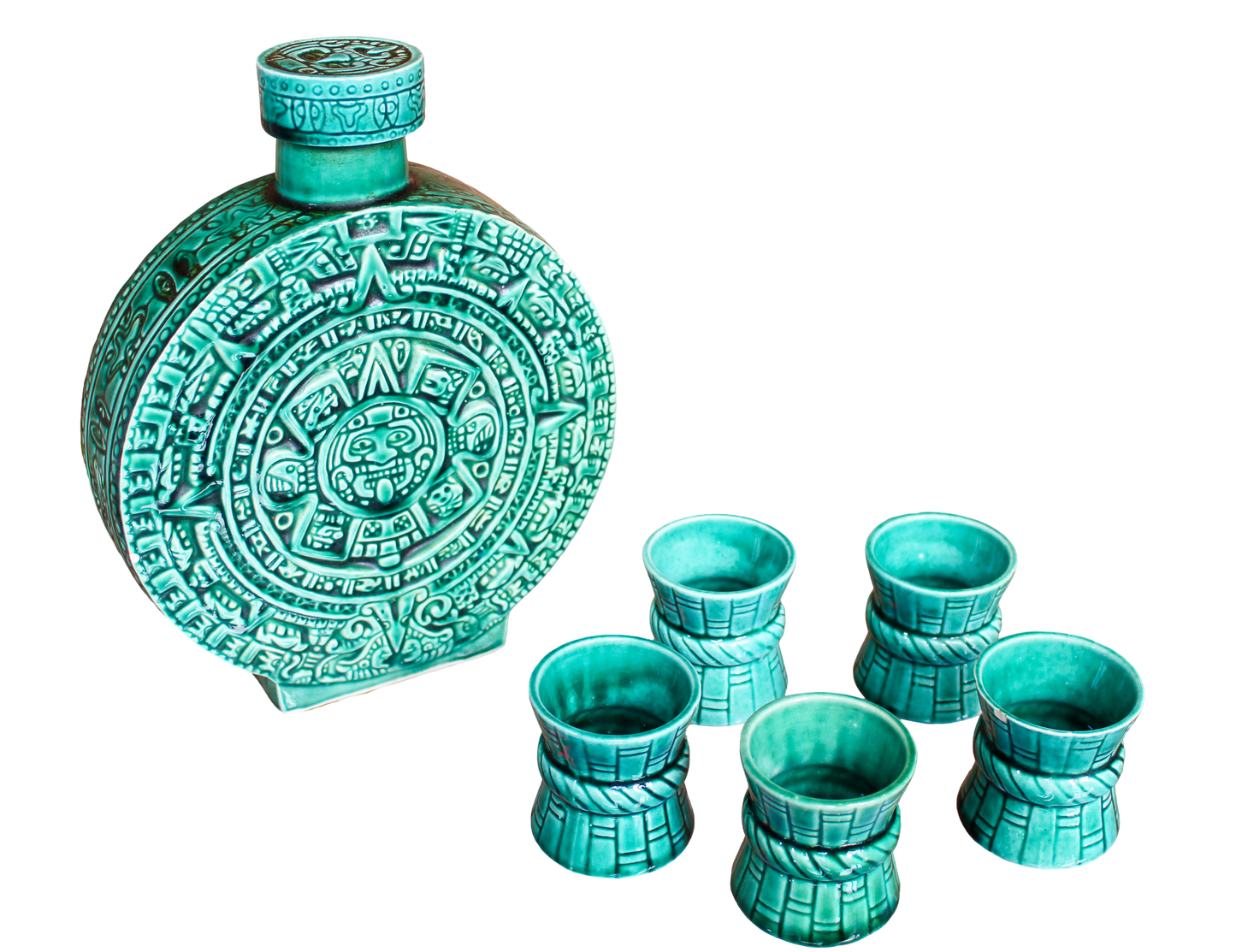 Mid-Century Aztec Calendar Bottle & 5 Shot Glasses