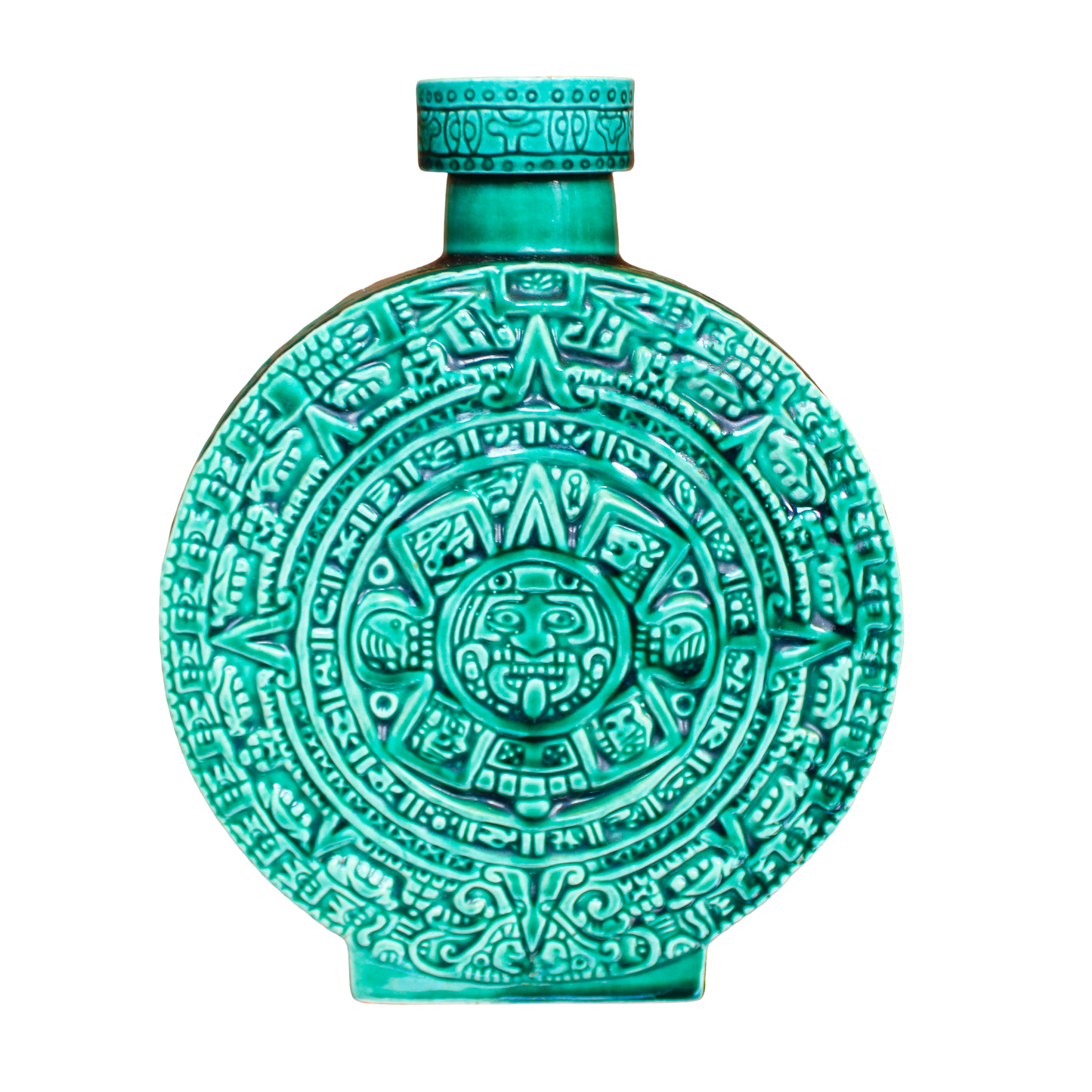Mid-Century Aztec Calendar Bottle & 5 Shot Glasses
