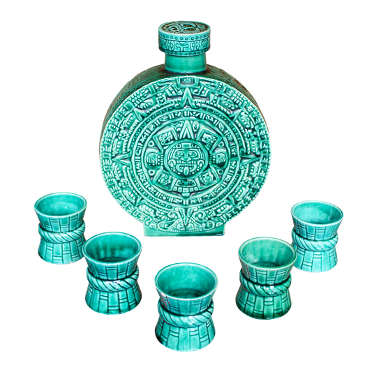 Mid-Century Aztec Calendar Bottle & 5 Shot Glasses