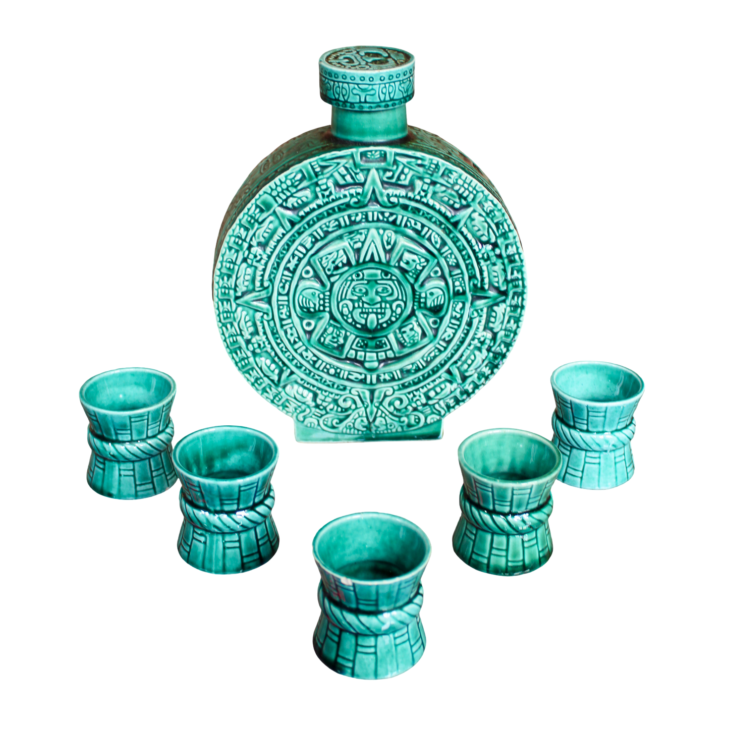 Mid-Century Aztec Calendar Bottle & 5 Shot Glasses