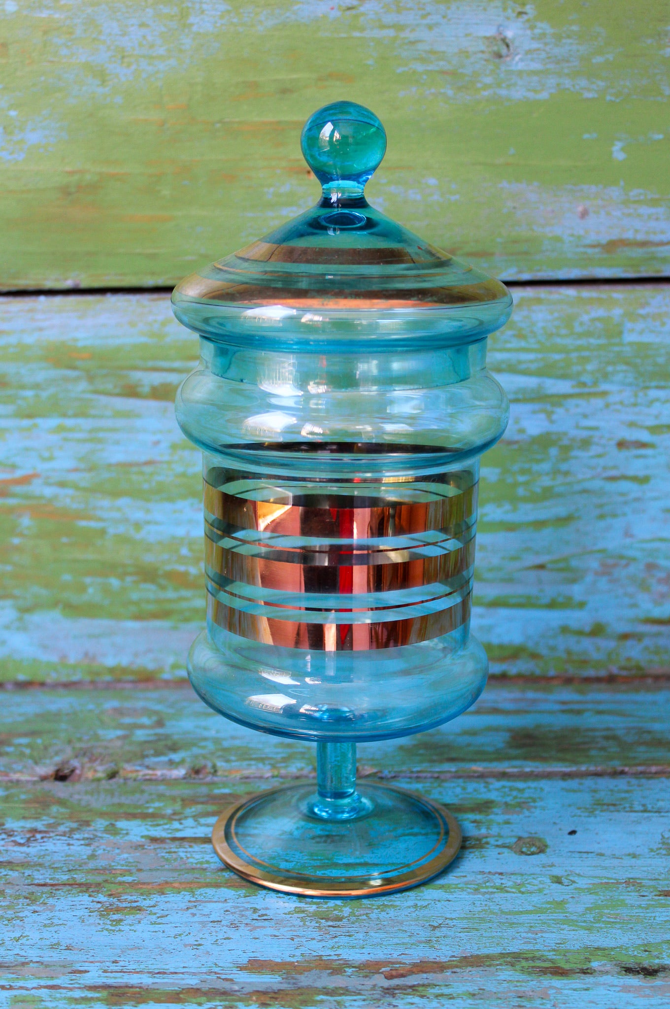 Blue Glass and Gold Stripe Candy Jar