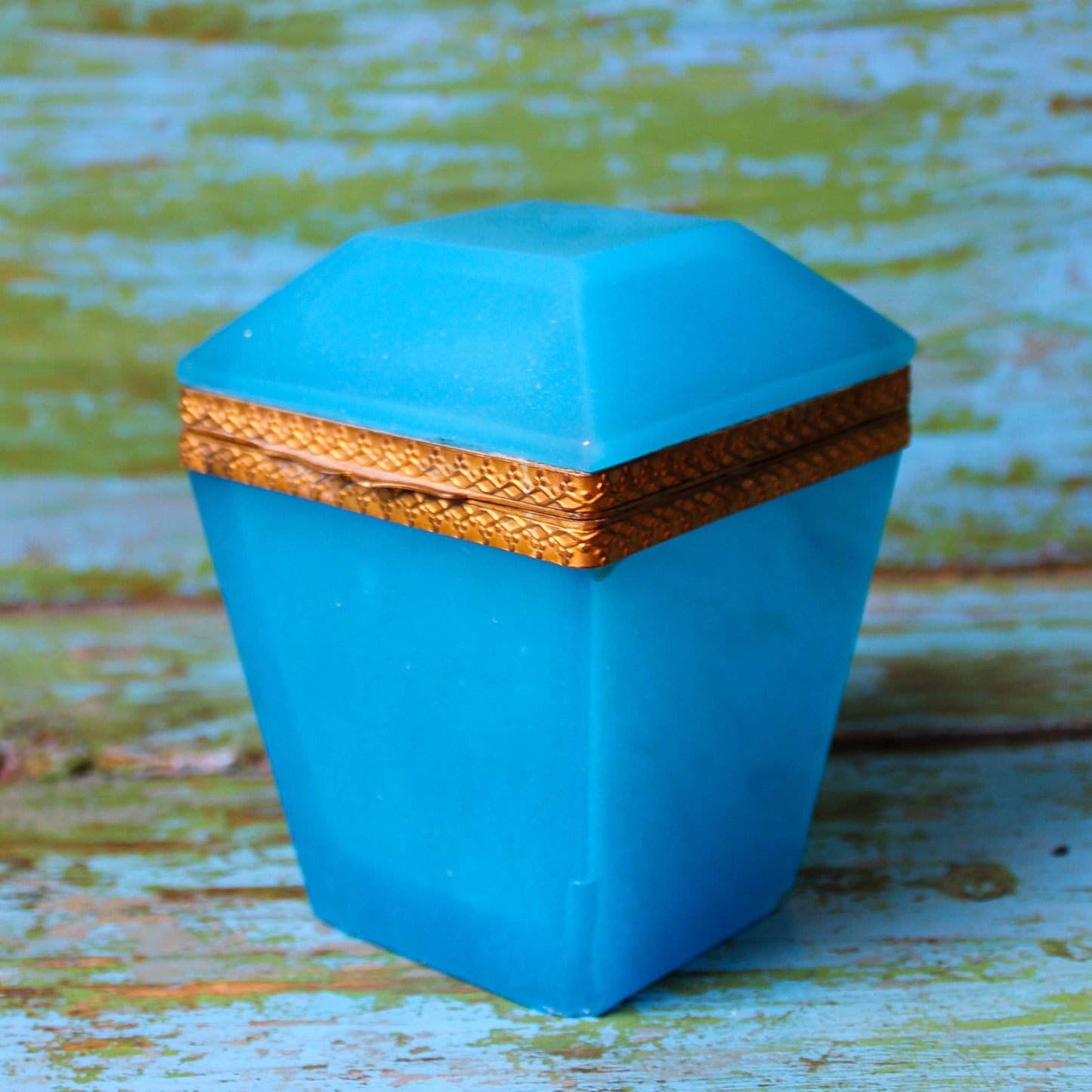 Blue Opaline Glass & Brass Lidded Box