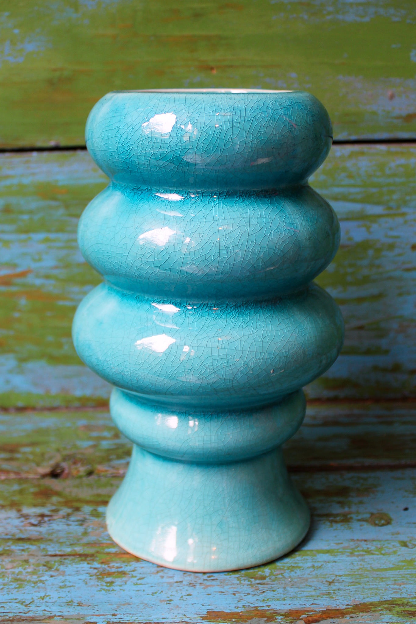 Turquoise Crackle Glaze Beehive Ribbed Ceramic Vase