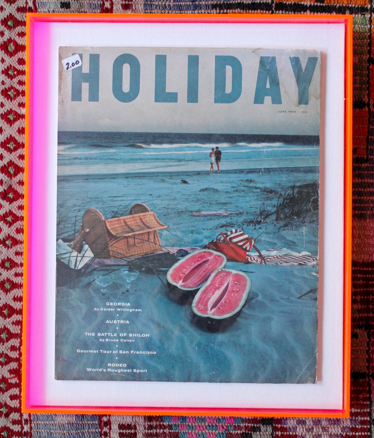 Framed Holiday Magazine Cover - June 1956 "Georgia (Beach Picnic with Watermelon)" in Pink Frame
