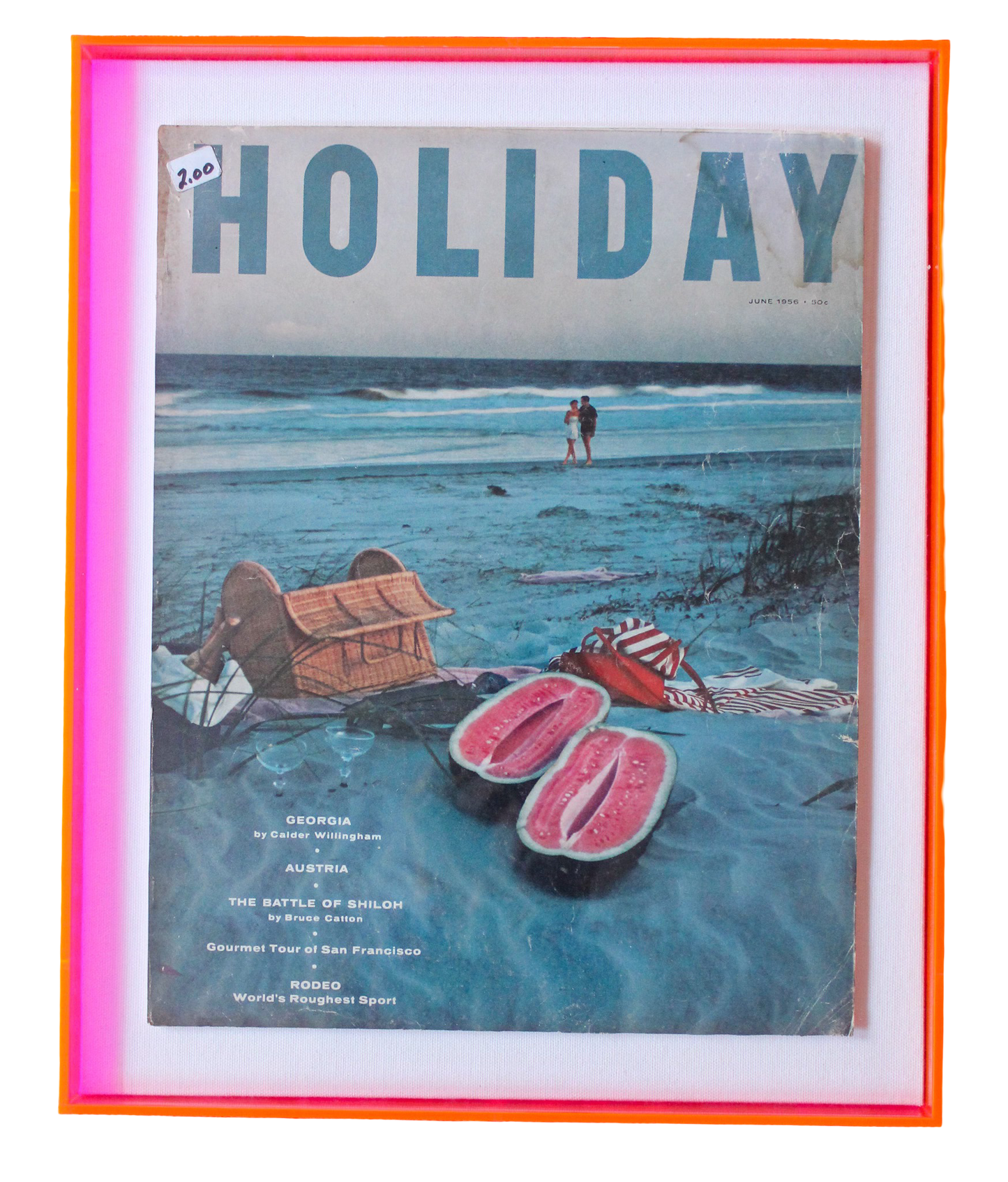 Framed Holiday Magazine Cover - June 1956 "Georgia (Beach Picnic with Watermelon)" in Pink Frame
