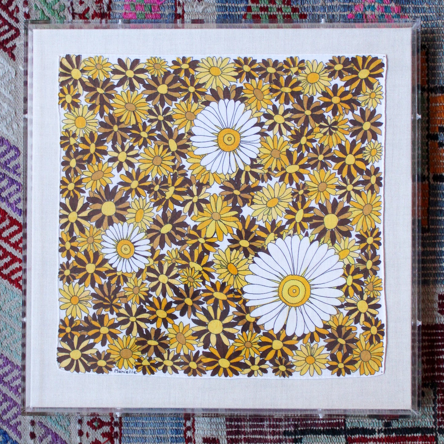 Framed Mid Century Handkerchief - "Daisies"
