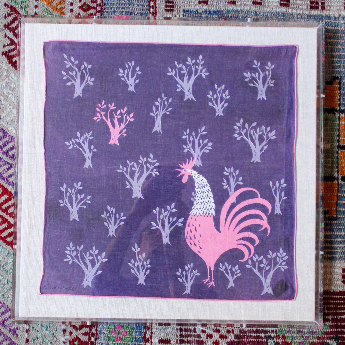 Framed Mid Century Handkerchief - "Pink Rooster"