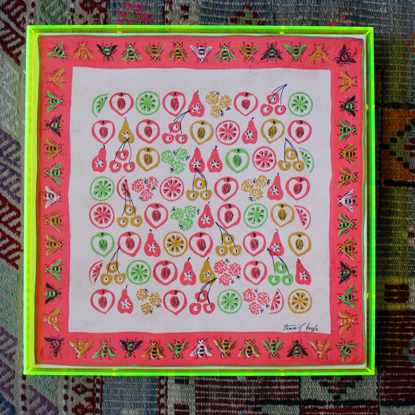 Framed Mid Century Handkerchief - "Neon Fruits"