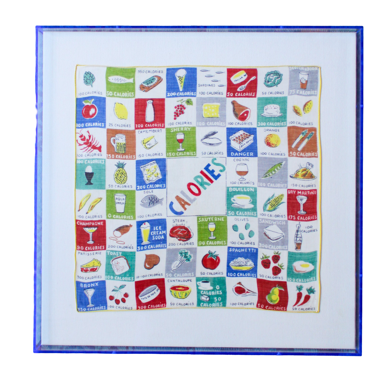 Framed Mid Century Handkerchief - "Calories" (Blue Frame)