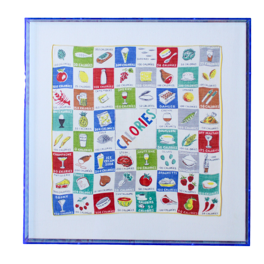 Framed Mid Century Handkerchief - "Calories" (Blue Frame)