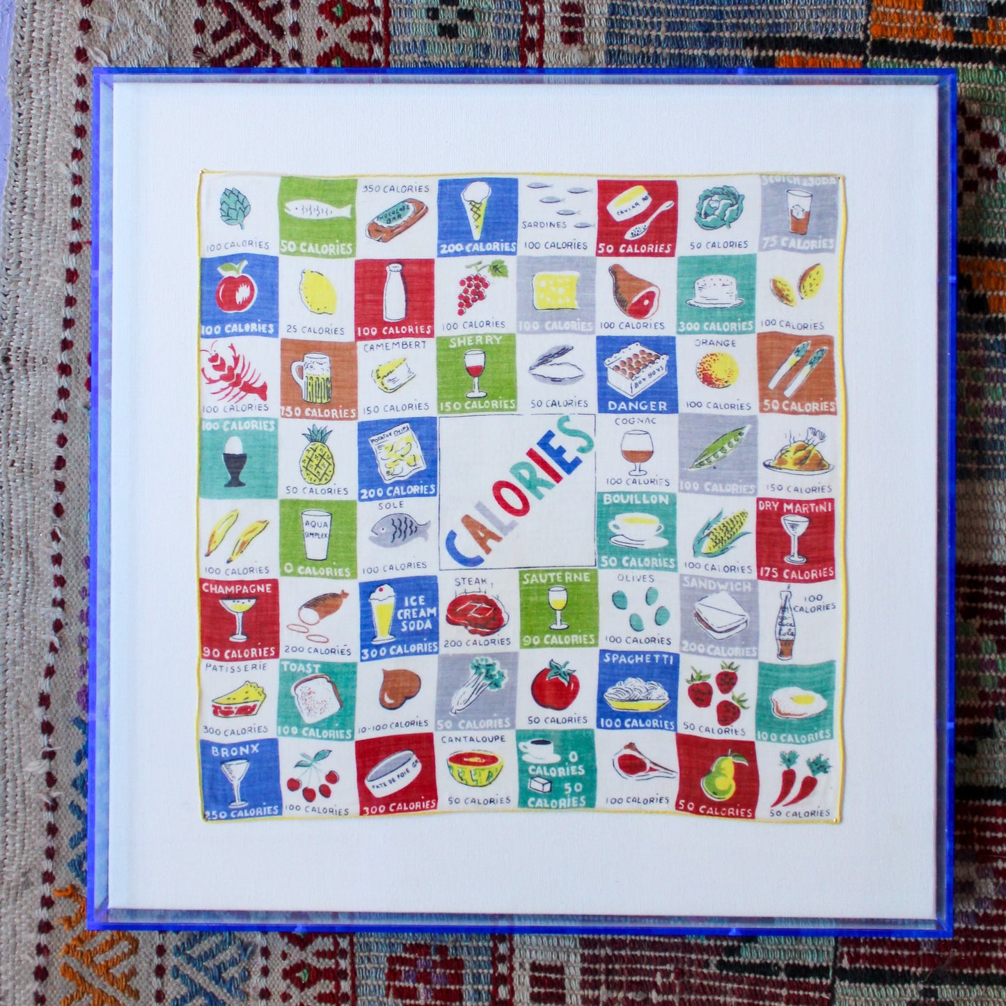 Framed Mid Century Handkerchief - "Calories" (Blue Frame)
