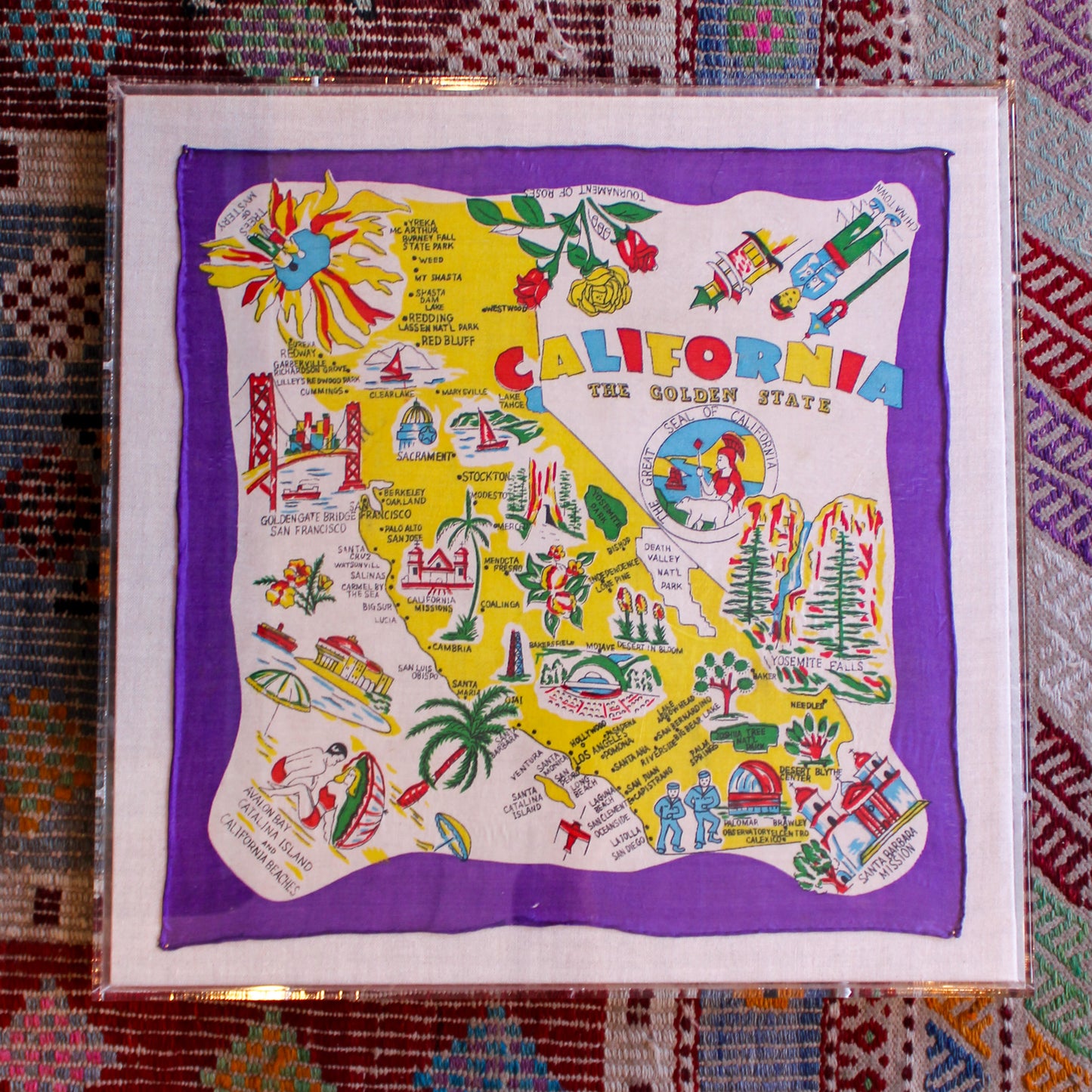 Framed Vintage Souvenir Scarf - California (Purple Border)