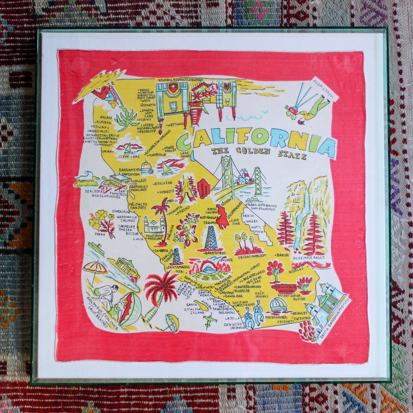 Framed Vintage Souvenir Scarf - California (Red Boarder)
