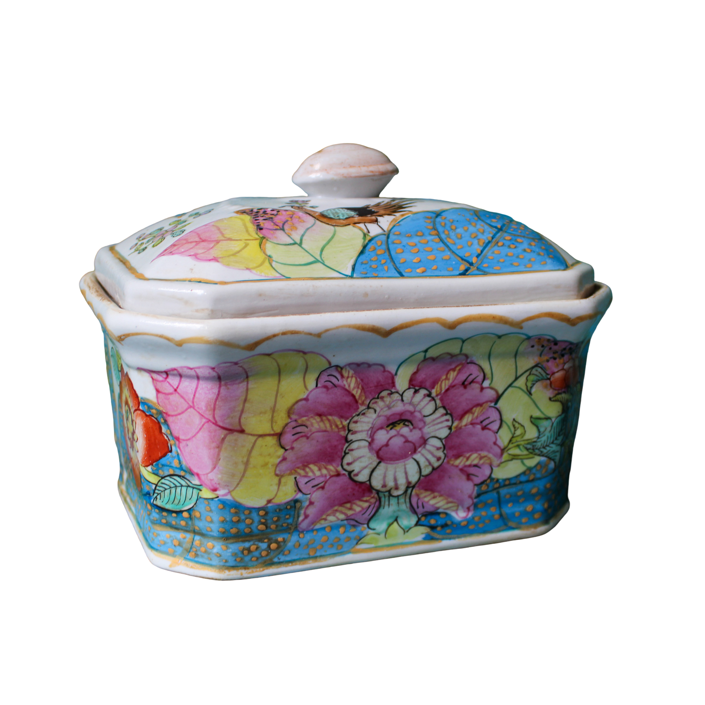 1960s Porcelain Chinoiserie Tobacco Leaf Lidded Box