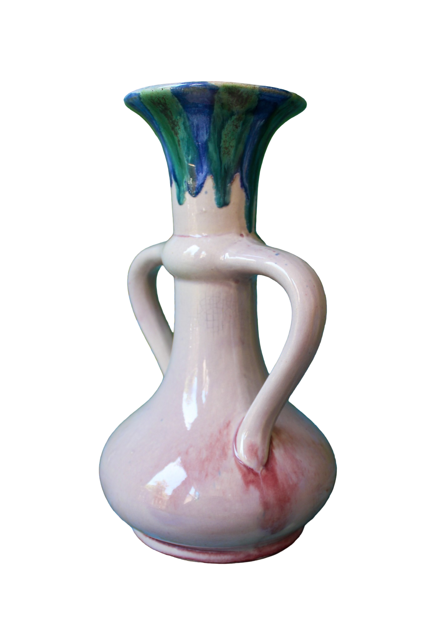 Pink Double-Handle Ceramic Vase with Blue/Green Detail