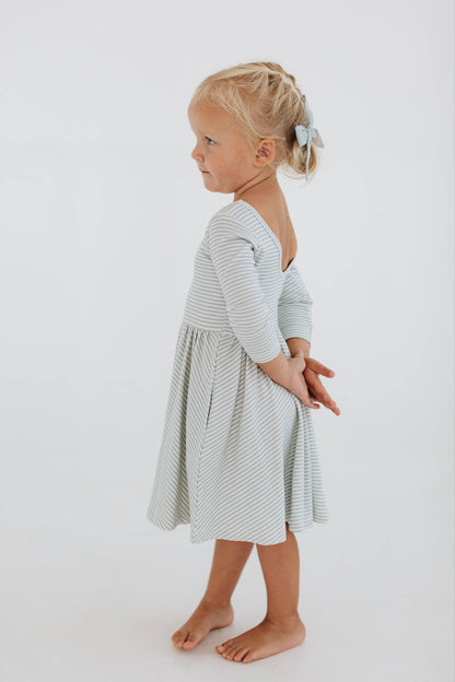 Three-Quarter Sleeve Twirl Dress - Horizontal Blue Stripes