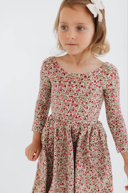 Three-Quarter Sleeve Twirl Dress - Crimson Flora