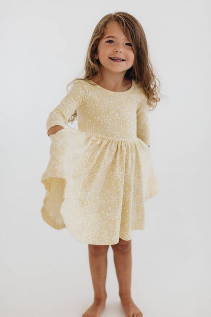 Three-Quarter Sleeve Twirl Dress - Buttercup