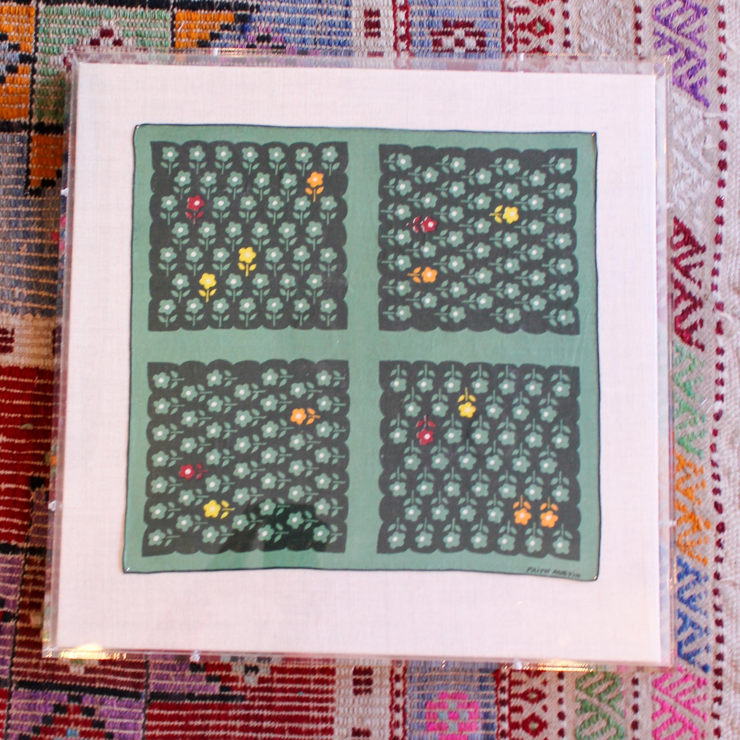 Framed Mid Century Handkerchief - "Green Floral"