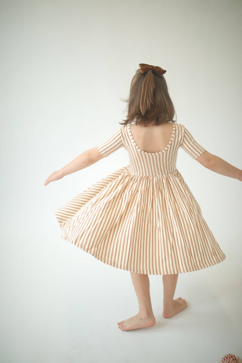 Short Sleeve Twirl Dress - Toffee Stripes