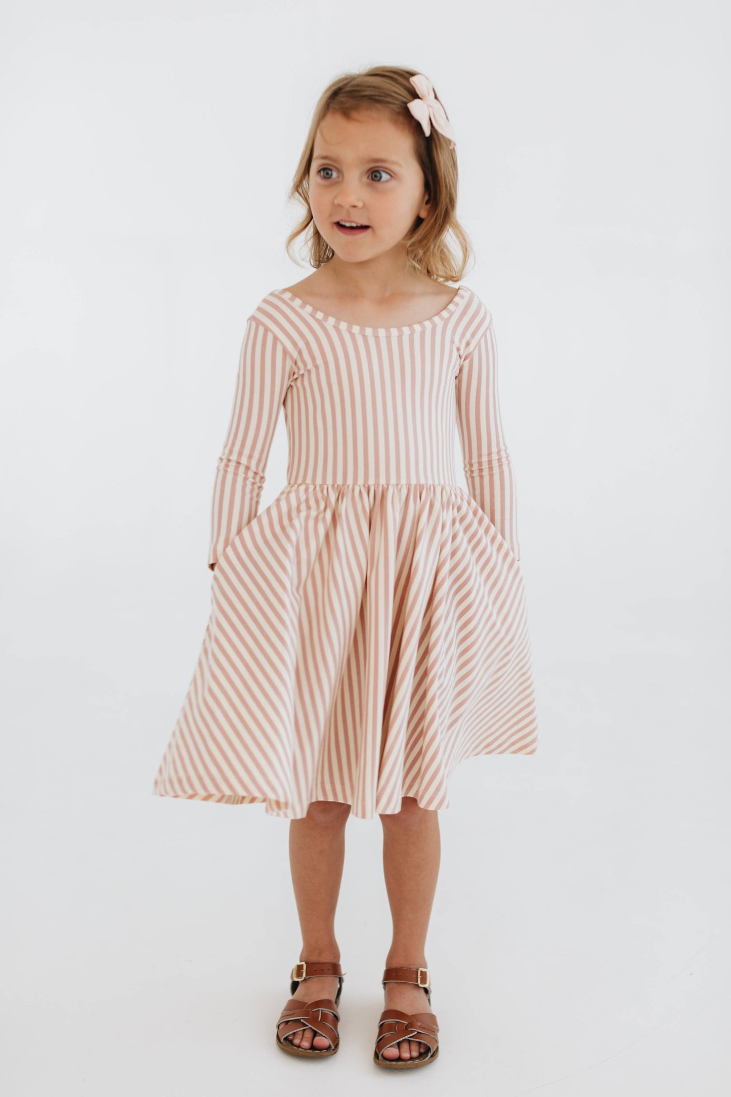 Three-Quarter Sleeve Twirl Dress - Pink Stripes