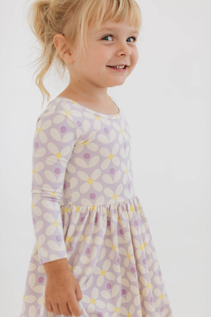 Three-Quarter Sleeve Twirl Dress - Pale Purple Petals