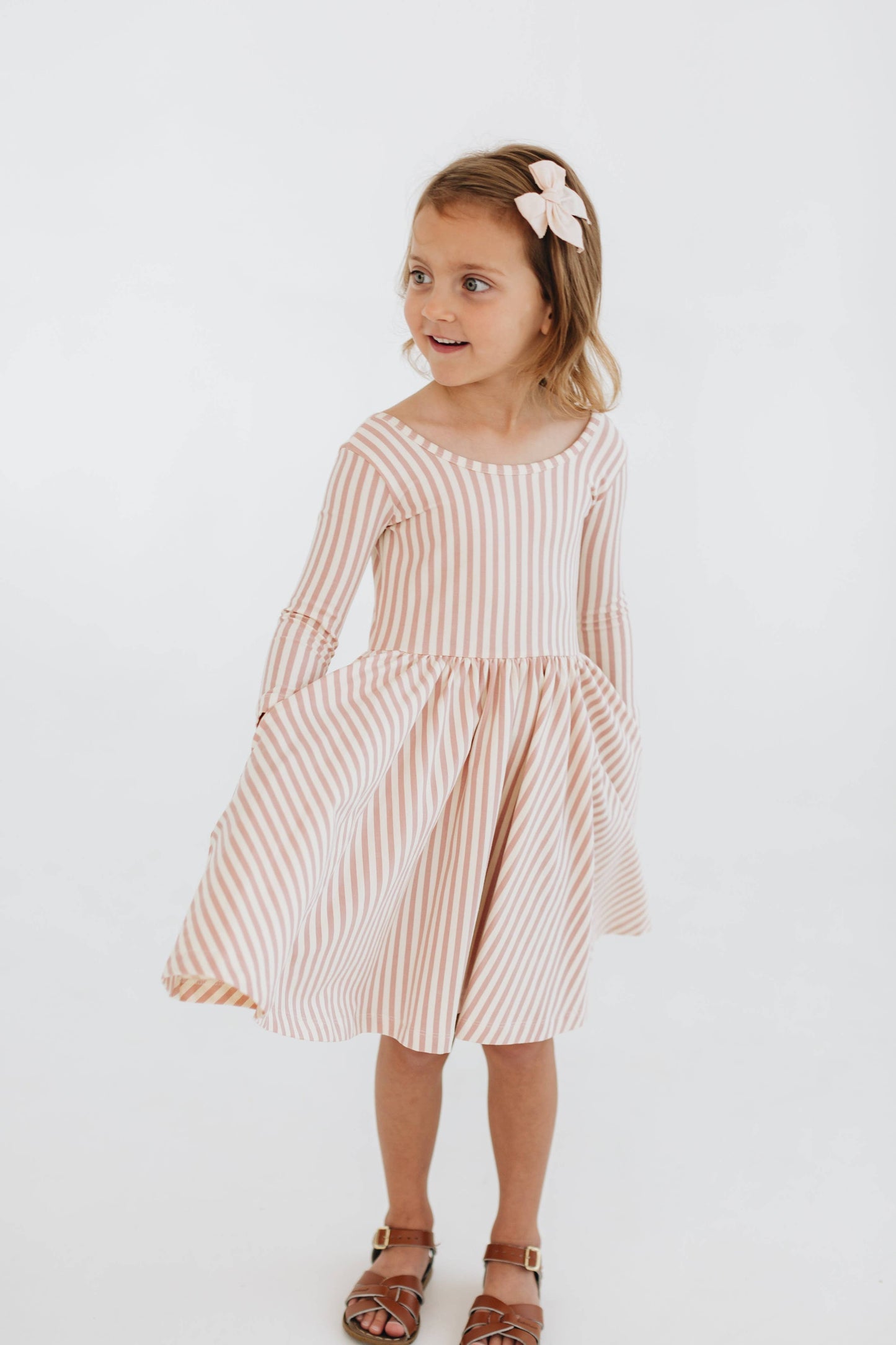 Three-Quarter Sleeve Twirl Dress - Pink Stripes