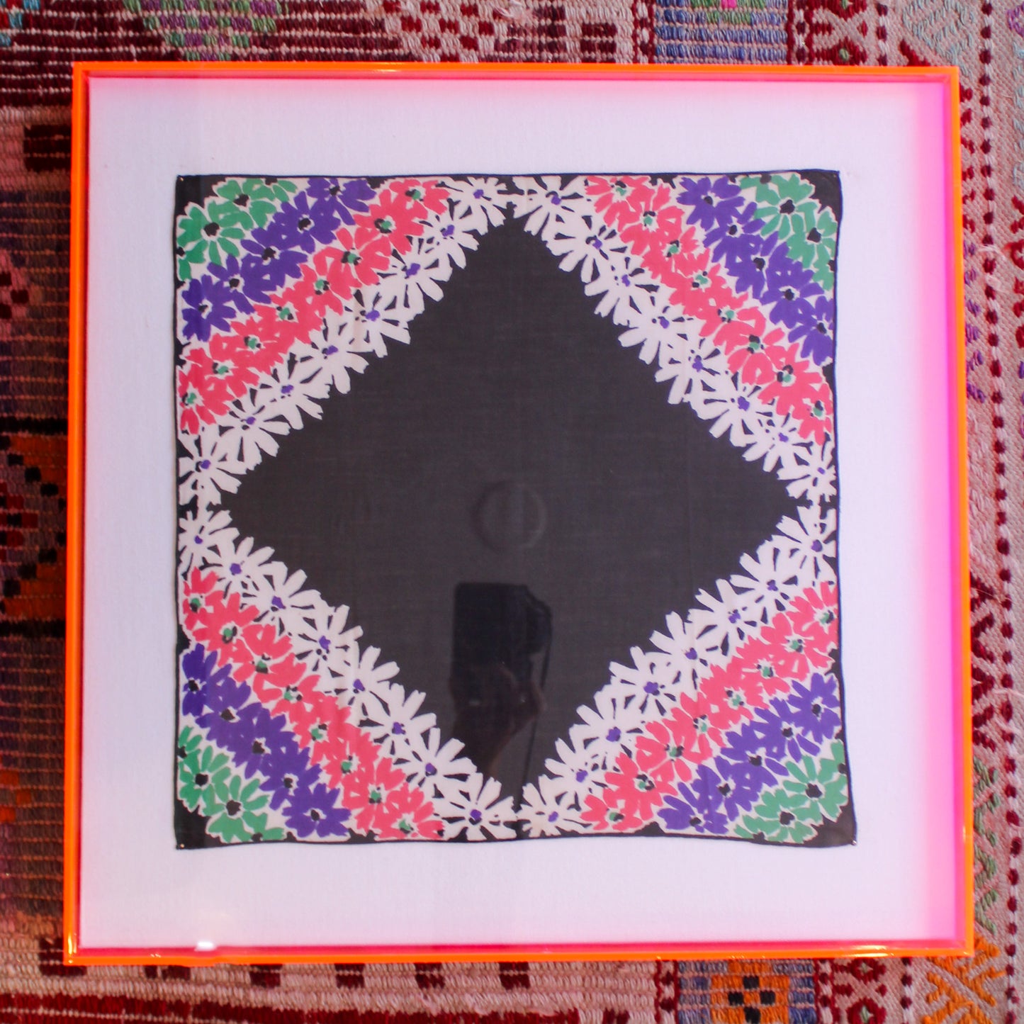 Framed Mid Century Handkerchief -  "Black Floral Triangle"