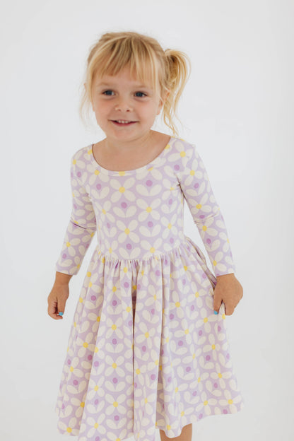 Three-Quarter Sleeve Twirl Dress - Pale Purple Petals