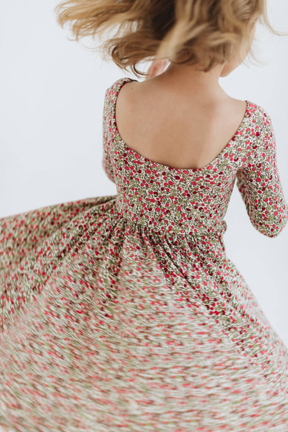 Three-Quarter Sleeve Twirl Dress - Crimson Flora