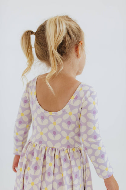 Three-Quarter Sleeve Twirl Dress - Pale Purple Petals