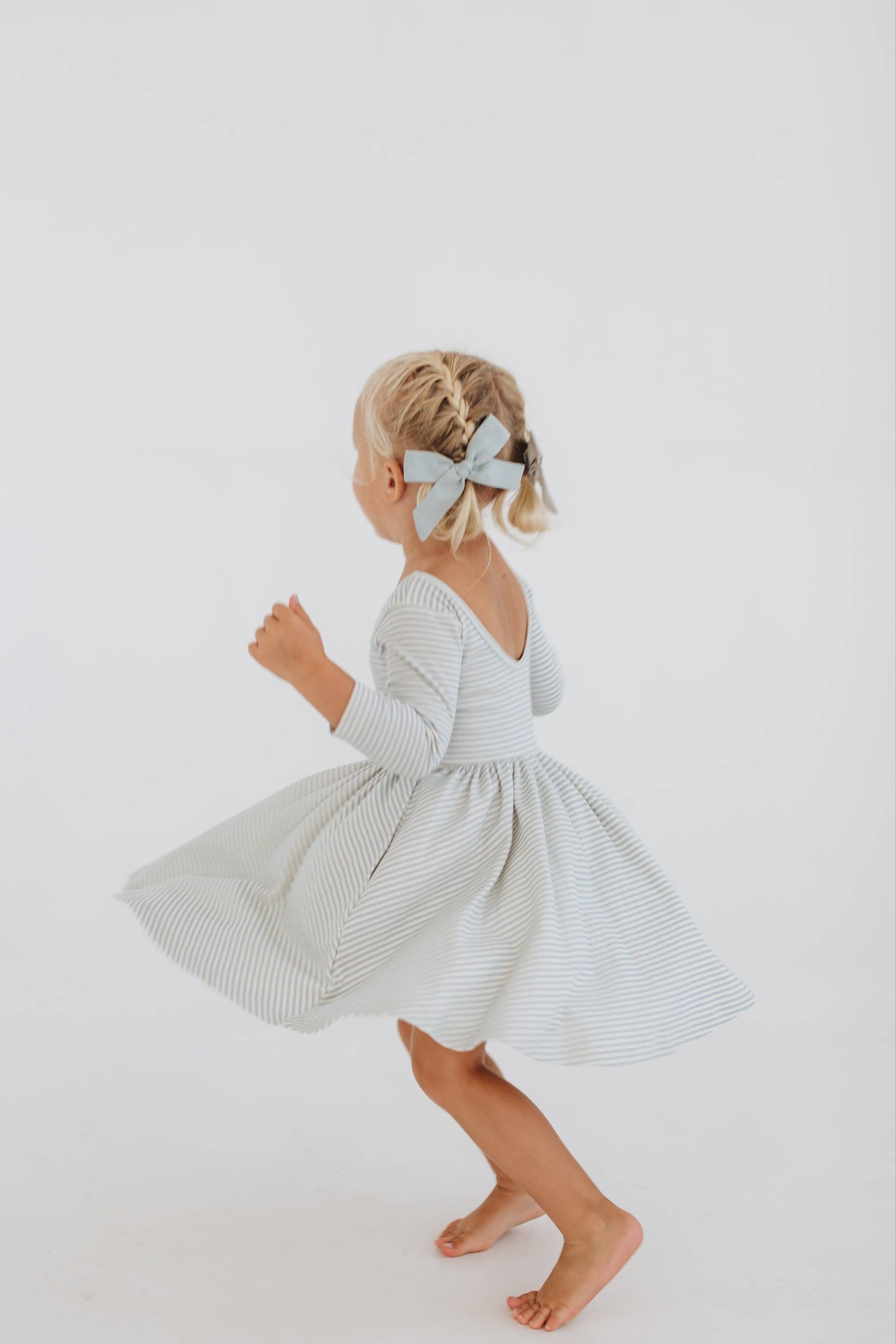 Three-Quarter Sleeve Twirl Dress - Horizontal Blue Stripes