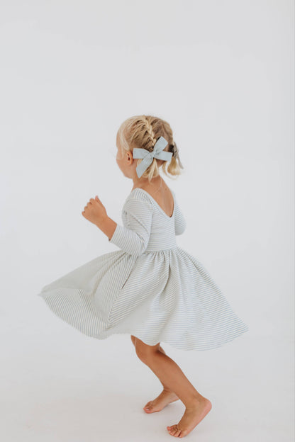 Three-Quarter Sleeve Twirl Dress - Horizontal Blue Stripes