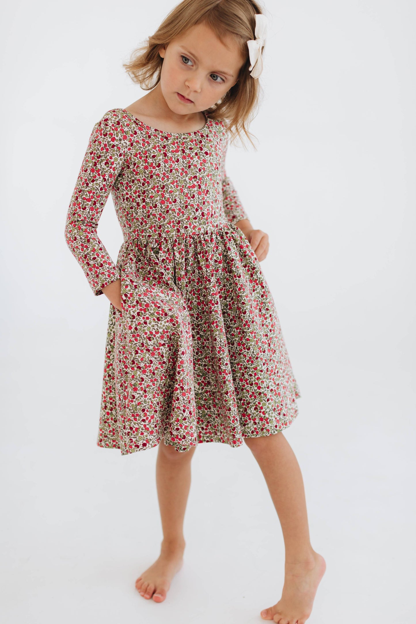 Three-Quarter Sleeve Twirl Dress - Crimson Flora