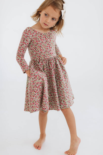 Three-Quarter Sleeve Twirl Dress - Crimson Flora