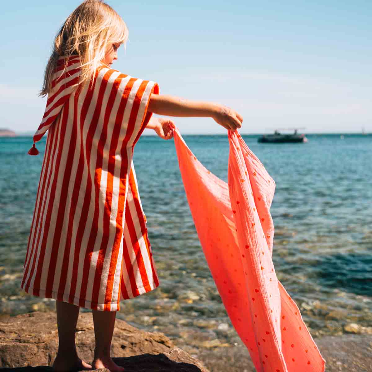 Striped Towel Poncho - Tomato