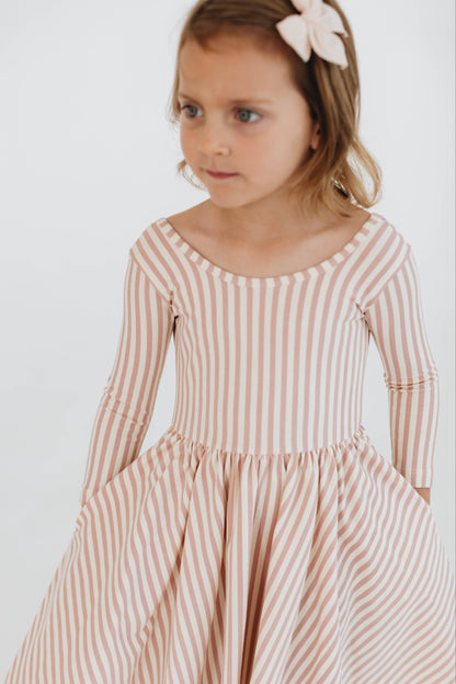 Three-Quarter Sleeve Twirl Dress - Pink Stripes